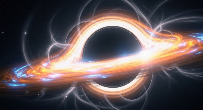 Vibrant accretion disk of a supermassive black hole with swirling cosmic energy and plasma streams