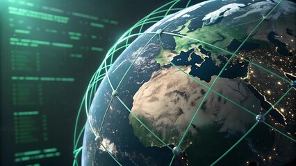 A vibrant blue sphere of the Earth's globe spins on a black background, with continents lit by the sun's light and stars twinkling in the universe