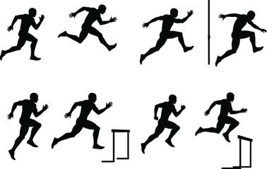 Silhouette athlete running and jumping over hurdle in motion sequence, track and field training, sports biomechanics vector illustration se