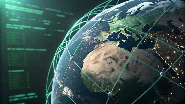 A vibrant blue sphere of the Earth's globe spins on a black background, with continents lit by the sun's light and stars twinkling in the universe