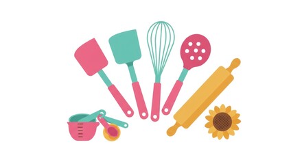 Colorful illustration of various baking tools and a sunflower, isolated on white.
