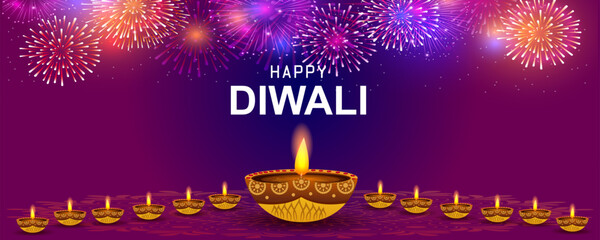 Decorated Diya for Happy Diwali festival holiday celebration of India greeting background