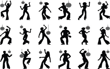 Silhouette Disco Dancers Under Glittering Balls in Dynamic Poses Celebrating Music, Rhythm, Movement, and Retro Party Vibes on White Background