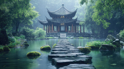 Fototapeta premium Ancient Chinese weathered temple with curved traditional roofs, surrounded by lush green forest and moss-covered stones, stone path across tranquil pond with misty reflections, dense vegetation