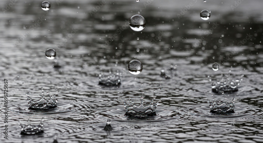 Poster raindrops falling and splashing on a wet surface, creating ripples and reflections in a monochrome s
