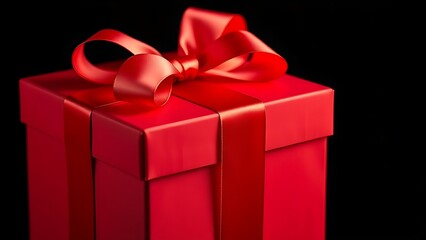 Obraz premium A red gift box with a satin ribbon bow, close-up shot against a dark background.
