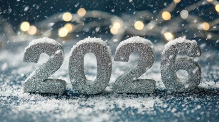 Celebration of New Year 2026 with glittery numbers surrounded by snowy decor and twinkling lights