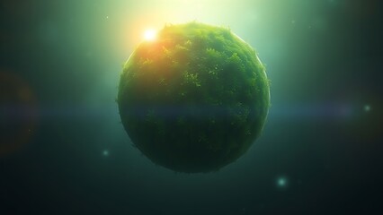 Lush green planet suspended in space with glowing atmosphere and vibrant cosmic vegetation.