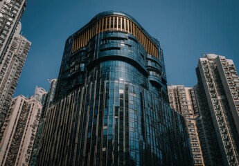 Modern skyscraper amongst city buildings