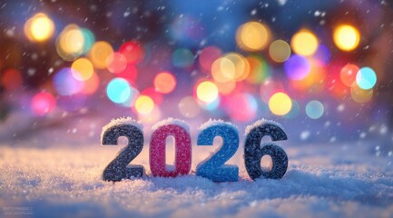 Snowy landscape with colorful bokeh lights and numbers celebrating the New Year 2026 amidst falling snow