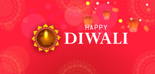 Decorated Diya for Happy Diwali festival holiday celebration of India greeting background