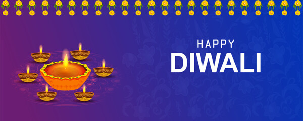 Decorated Diya for Happy Diwali festival holiday celebration of India greeting background