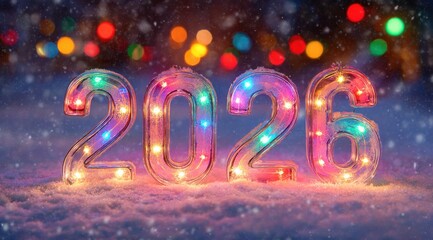 Colorful illuminated numbers celebrating the arrival of 2026 in a snowy winter landscape during a festive evening
