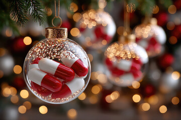 Medical baubles decorating evergreen branches, showcasing pharmaceutical capsules in red and white against festive seasonal backdrop