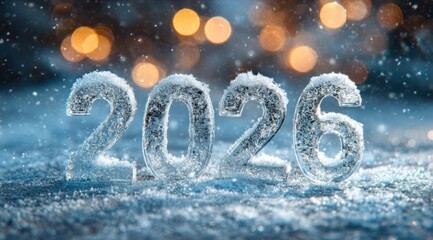 Glimmering ice numbers signal the arrival of the year 2026 against a snowy backdrop with festive lights