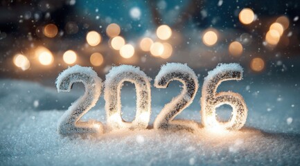 New Year's celebration in a winter landscape with 2026 numbers surrounded by snow and lights