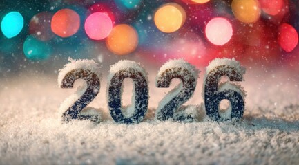 New Year's celebration in a snowy setting with colorful lights welcoming 2026