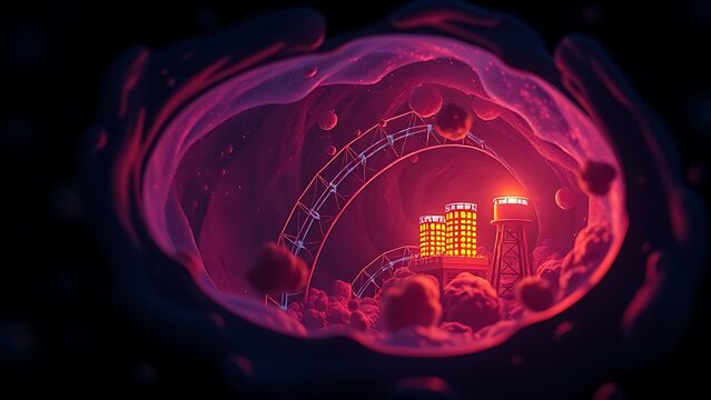 Microscopic dreamlike view inside a cell, with mitochondria as tiny glowing power plants recharging at night.