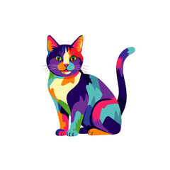 Vibrant Geometric Cat Portrait with Bold, Colorful Patterns on White Background - Artistic Feline Illustration