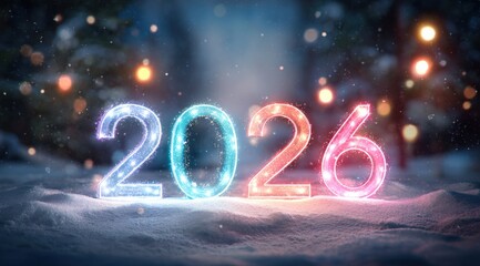 Bright and sparkling 2026 numbers glowing in a snowy winter landscape with festive lights in the background