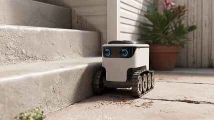 A small, white, tracked robot with blue eyes is positioned on a concrete walkway next to a set of outdoor stairs.