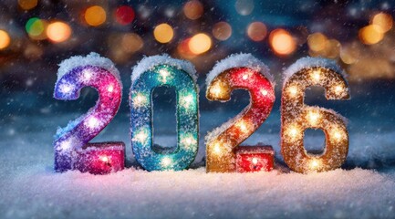 Colorful illuminated numbers show 2026 covered in snow with blurred festive lights in the background during winter season
