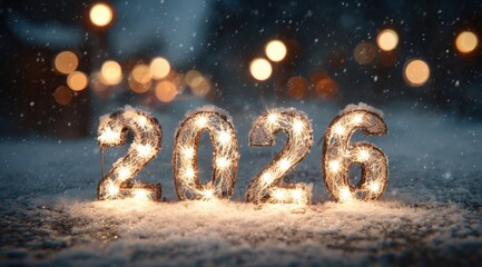 Bright and festive 2026 numbers decorated with lights in a snowy urban setting during winter night