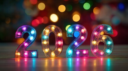 Colorful illuminated numbers 2026 standing against a blurred festive background with vibrant bokeh lights