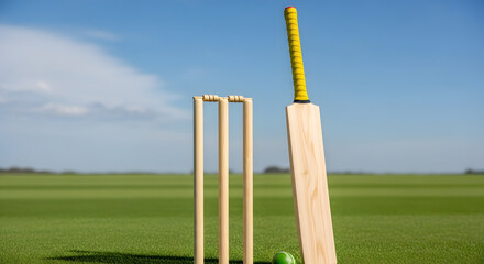 Cricket Bat and Stumps on Pitch