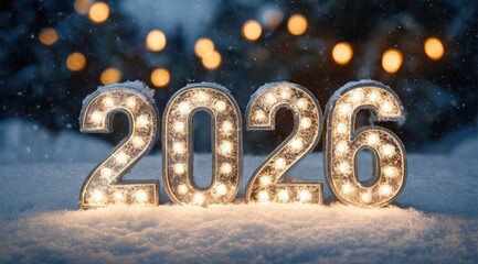 Brightly lit 2026 display in snow with festive lights during winter holiday season, capturing seasonal cheer and anticipation for the new year
