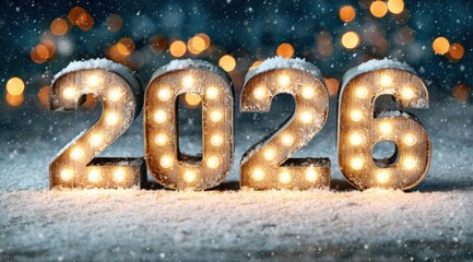 Snowy outdoor display of illuminated numbers 2026 with festive bokeh lights in the background during winter holiday season