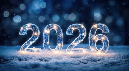 Sparkling ice numbers display 2026 in snow with festive lights at winter night