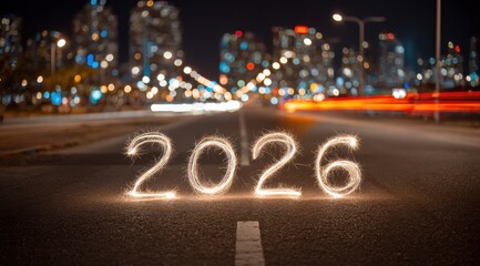 Firework sparks illuminate the road with the year 2026, showcasing a vibrant city skyline at night