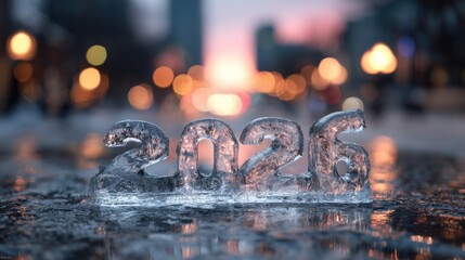 Ice sculpture displaying the year 2026 during sunset in an urban setting with soft blurs and warm lights