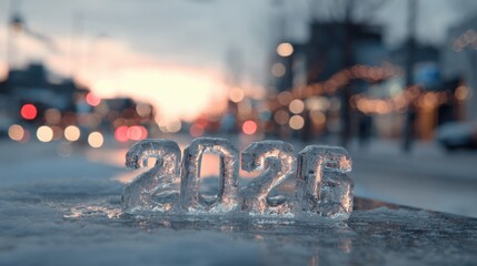 Clear ice sculpture of the year 2026 displayed on a snowy street during twilight with blurred festive lights in the background