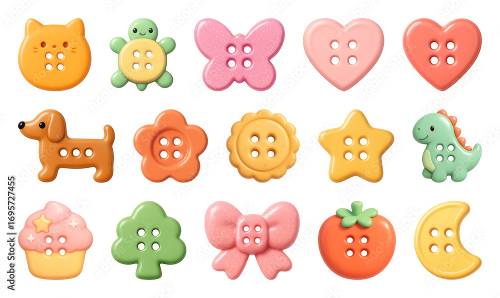 Poster png colorful playful button shapes, element set on transparent background