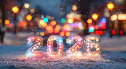 Colorful illuminated numbers in a winter setting welcome the new year 2026 at a festive city street
