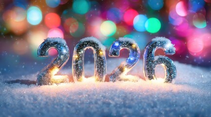 Festive display of 2026 in sparkling snow with colorful lights creating a cheerful atmosphere