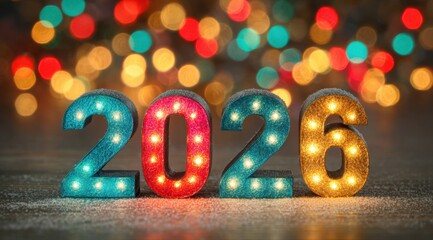 Brightly lit 2026 numbers with colorful background celebrating the new year in a festive atmosphere