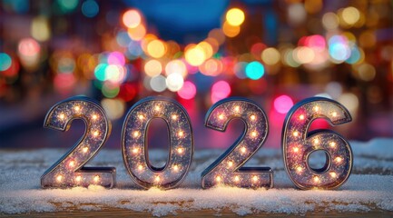 Colorful lights illuminate 2026 as celebrations begin in the winter city street at dusk
