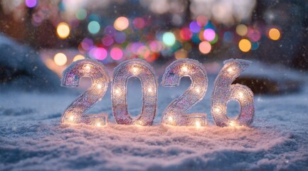 New year celebration in winter with illuminated numbers representing 2026 in a snowy landscape with colorful lights