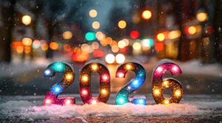 Brightly lit 2026 display in snow during a winter evening celebration in a festive city setting