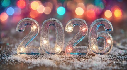 Celebratory decorations illuminated for the New Year 2026 event with soft snow and colorful lights