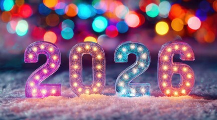 Bright and colorful display of 2026 in glowing lights on a festive background