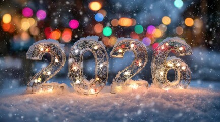 Snowy winter scene featuring illuminated numbers marking the year 2026 during a festive celebration in a city