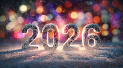Bright and festive New Year 2026 celebration with snow-covered 2026 numbers surrounded by colorful lights