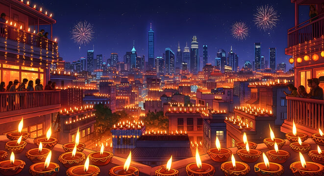 Cityscape illuminated by countless diyas and fireworks during a festival celebration