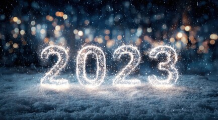 Sparkling numbers welcome the new year in a snowy landscape filled with festive lights