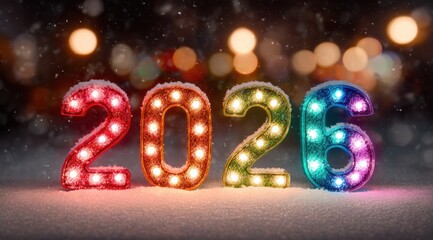 Brightly lit numbers celebrating New Year 2026 in a snowy winter setting with festive lights in the background