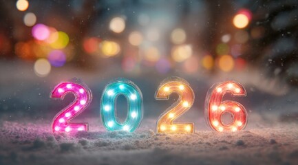 Celebration of New Year with illuminated numbers representing 2026 in a snowy landscape